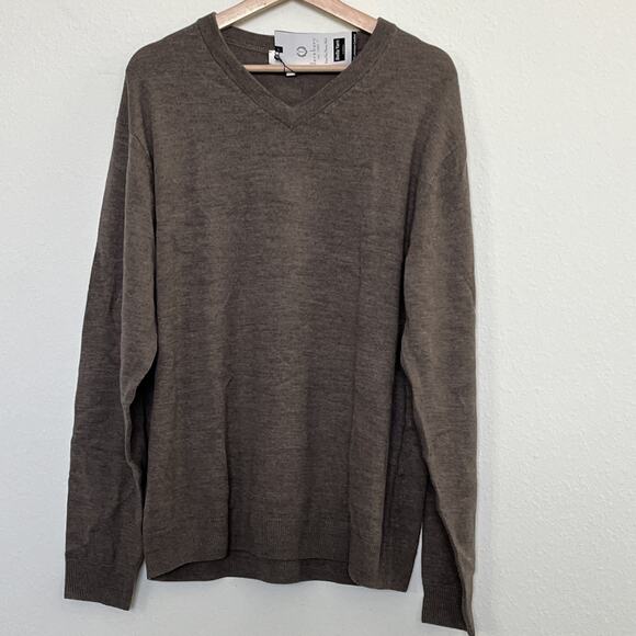 Mens TURNBURY MERINO WOOL Light Brown Sweater Pullover V-Neck Long Sleeve Sz L - Picture 1 of 2